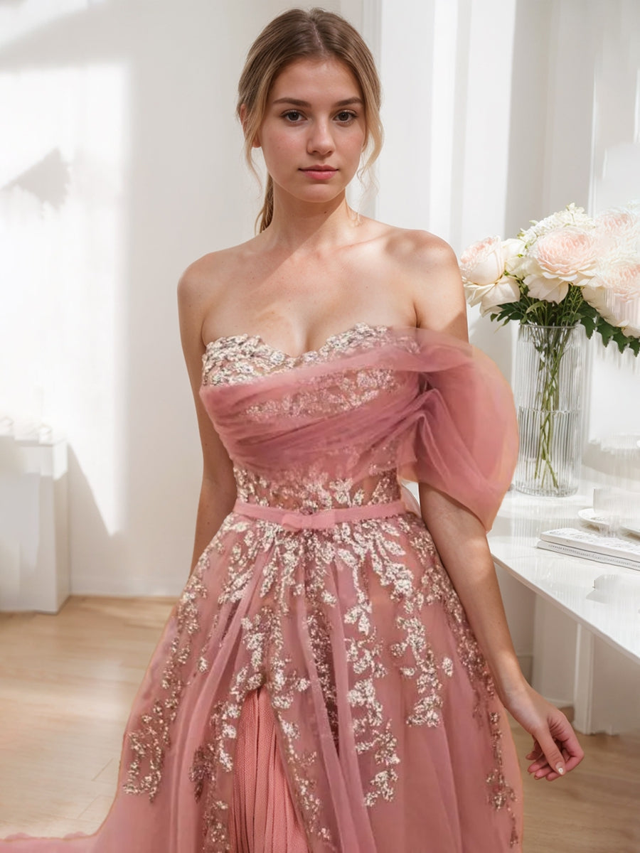 A-Line/Princess Sweetheart Neck Off-the-shoulder Asymmetrical Tulle Prom Dresses with Appliques/Slit BabaMila