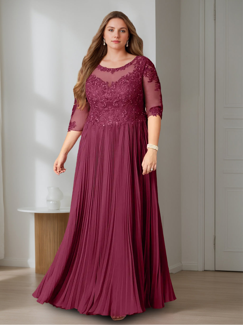 A-Line/Princess Scoop Half Sleeves Floor-Length Plus Size Mother Of The Bride Dresses With Sequins BabaMila