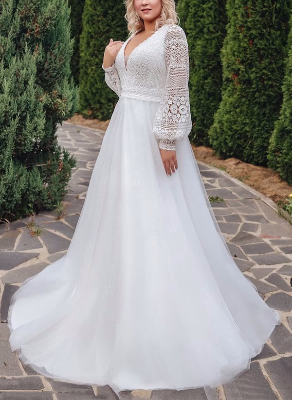 A-Line/Princess V-Neck Plus Size Lace Long Sleeve Wedding Dress with Applique BabaMila