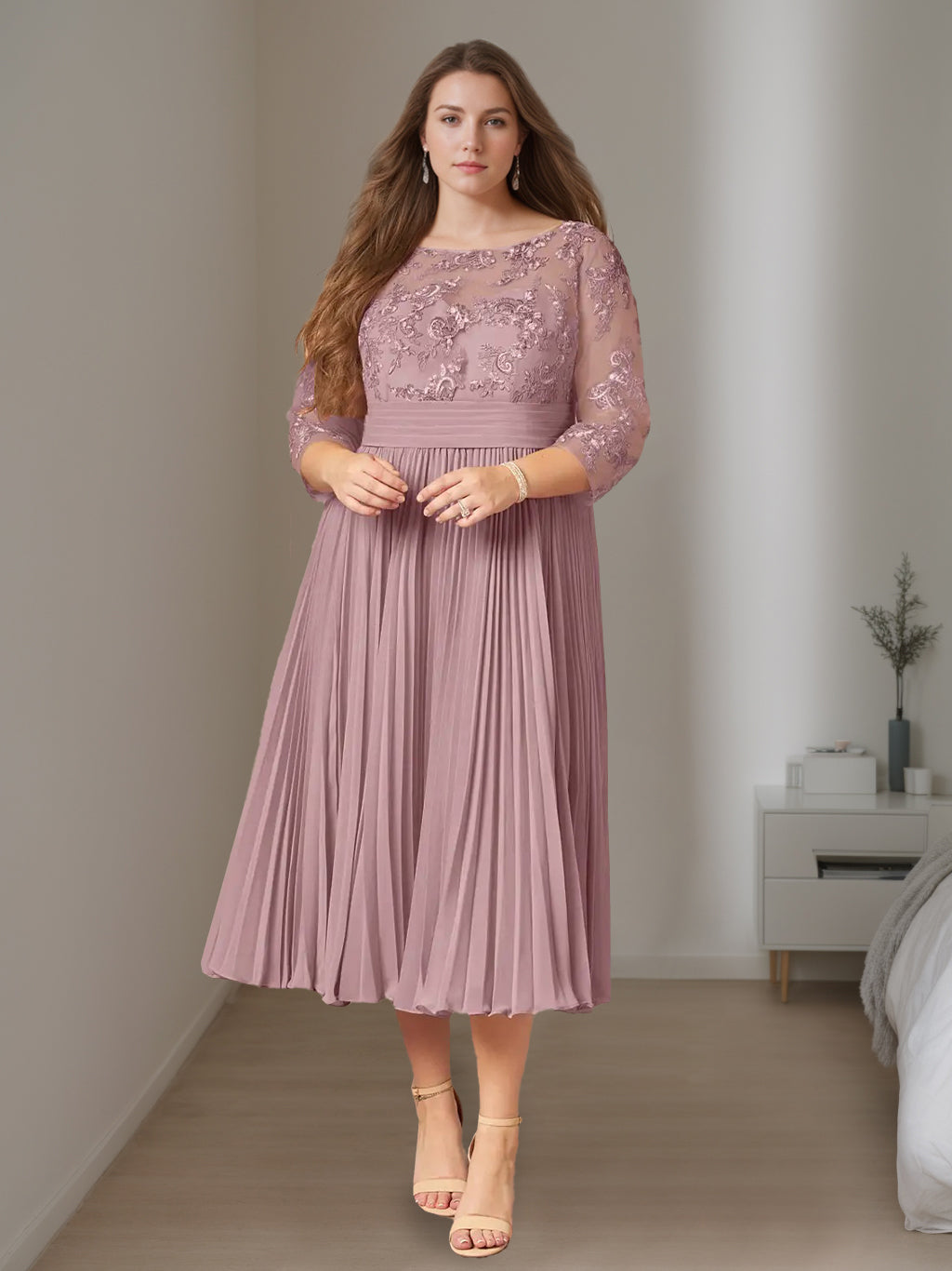 A-Line/Princess Scoop Neck 3/4 Length Sleeves Tea-Length Plus Size Mother Of The Bride Dresses With Ruffles BabaMila