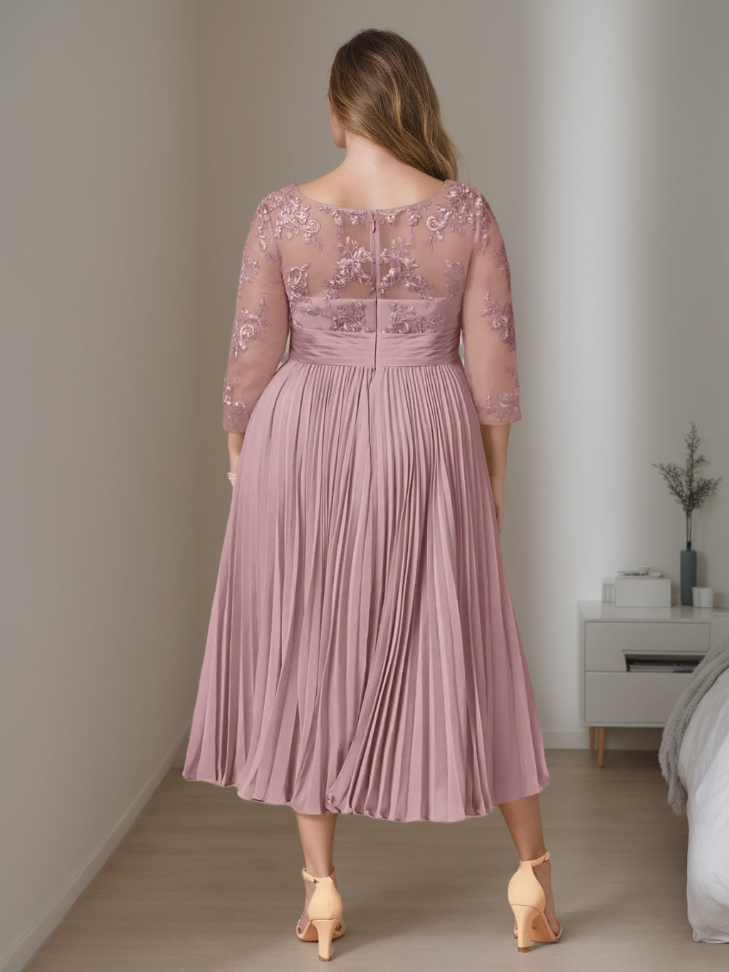 A-Line/Princess Scoop Neck 3/4 Length Sleeves Tea-Length Plus Size Mother Of The Bride Dresses With Ruffles BabaMila