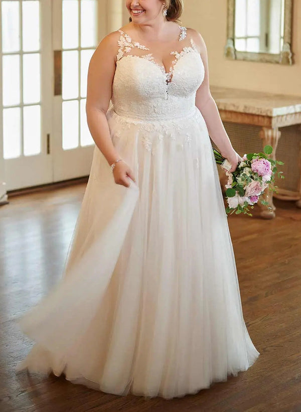A-Line/Princess V-Neck Plus Size Lace Wedding Dress with Applique BabaMila
