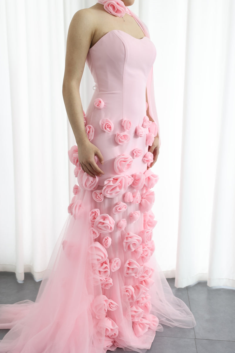 Sheath/Column Sweetheart Neck Strapless Long Prom Dresses with High Split/3D Flower BabaMila