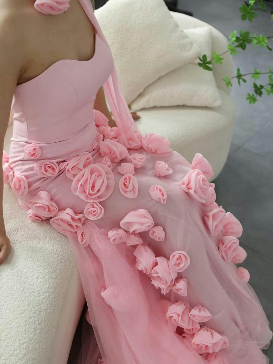 Sheath/Column Sweetheart Neck Strapless Long Prom Dresses with High Split/3D Flower BabaMila