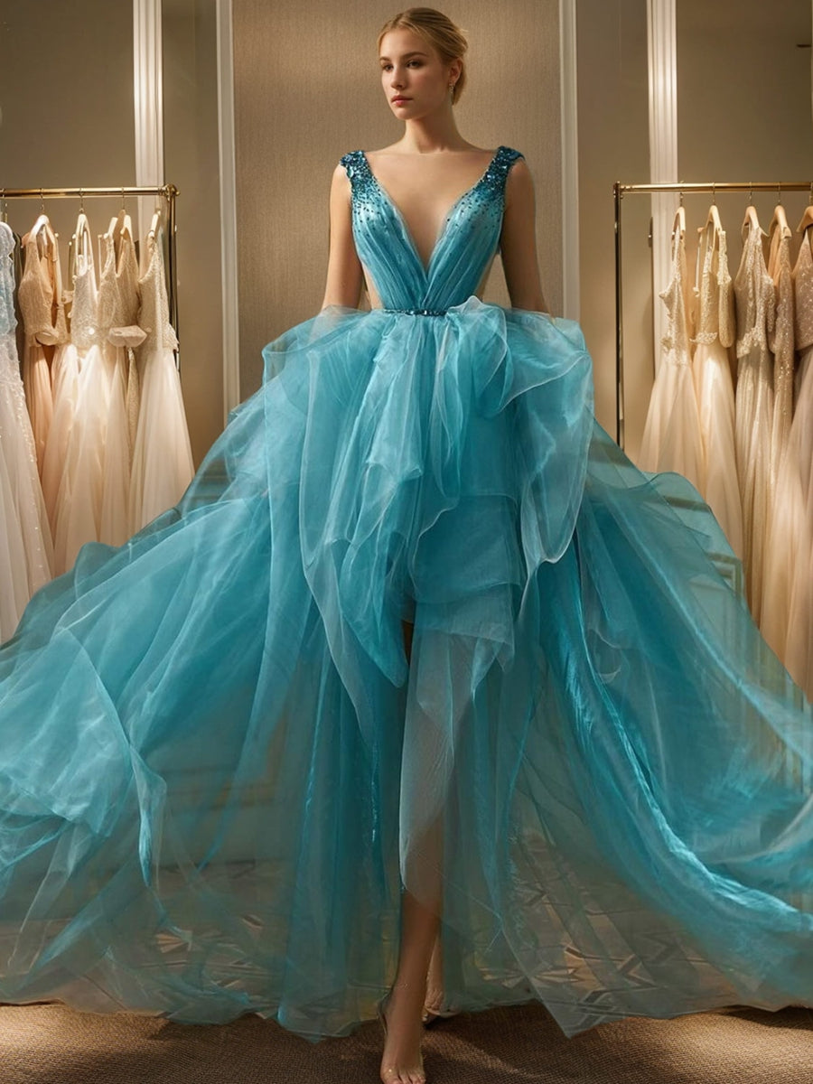 Ball Gown V-Neck Organza Sleeveless Asymmetrical Long Prom Dresses with Beads/Pleated BabaMila