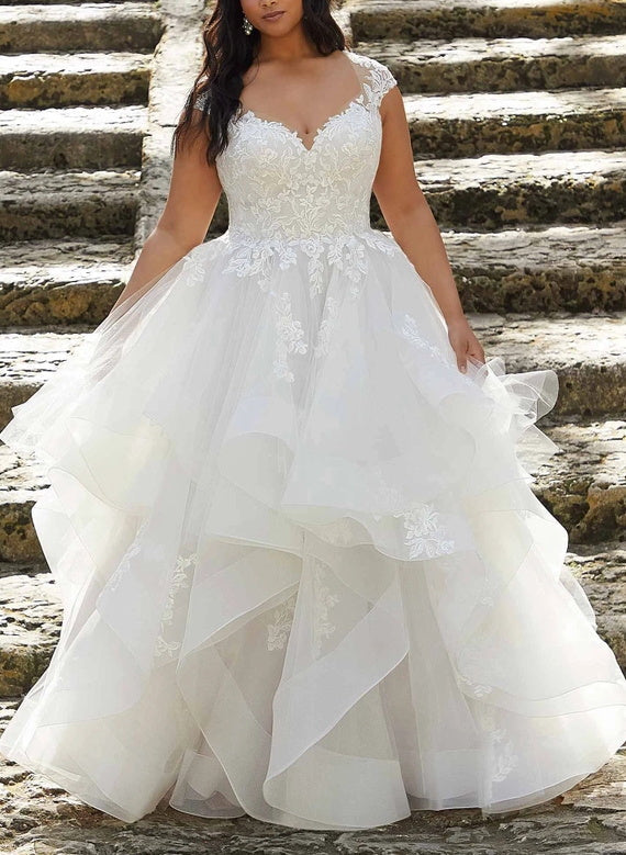 A-Line/Princess V-Neck Plus Size Lace Wedding Dress with Applique/Ruffles BabaMila