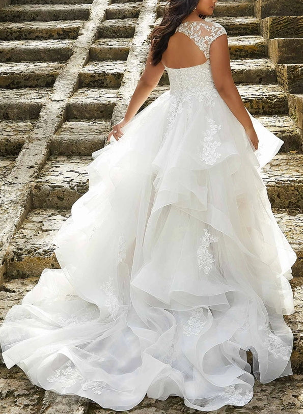 A-Line/Princess V-Neck Plus Size Lace Wedding Dress with Applique/Ruffles BabaMila