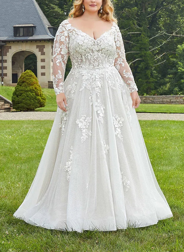 A-Line/Princess V-Neck Long Sleeves Plus Size Lace Wedding Dress with Applique BabaMila