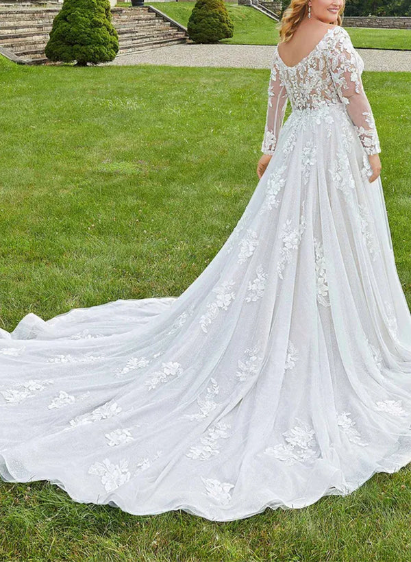 A-Line/Princess V-Neck Long Sleeves Plus Size Lace Wedding Dress with Applique BabaMila