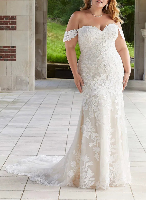 Trumpet/Mermaid Off-the-Shoulder Plus Size Lace Wedding Dress with Applique BabaMila