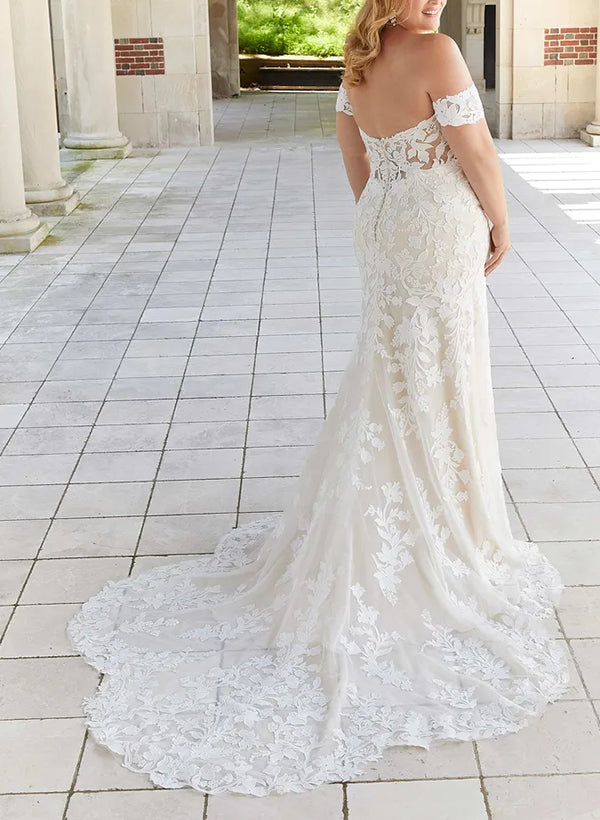 Trumpet/Mermaid Off-the-Shoulder Plus Size Lace Wedding Dress with Applique BabaMila