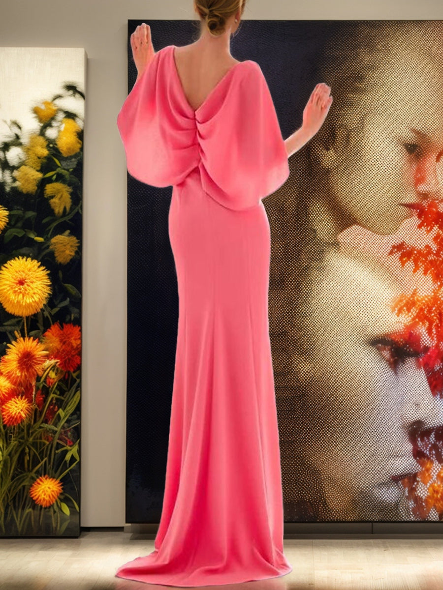 Sheath/Column V-Neck Elastic Chiffon Short Sleeves Long Prom Dresses with Ruffles BabaMila