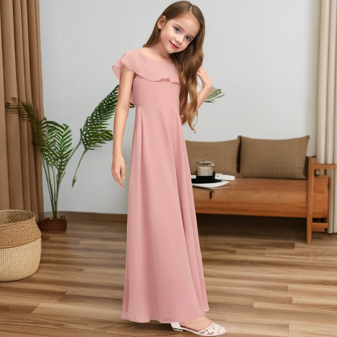 A-line Scoop Floor-Length Chiffon Junior Bridesmaid Dress With Cascading Ruffles Girls Gidiondress