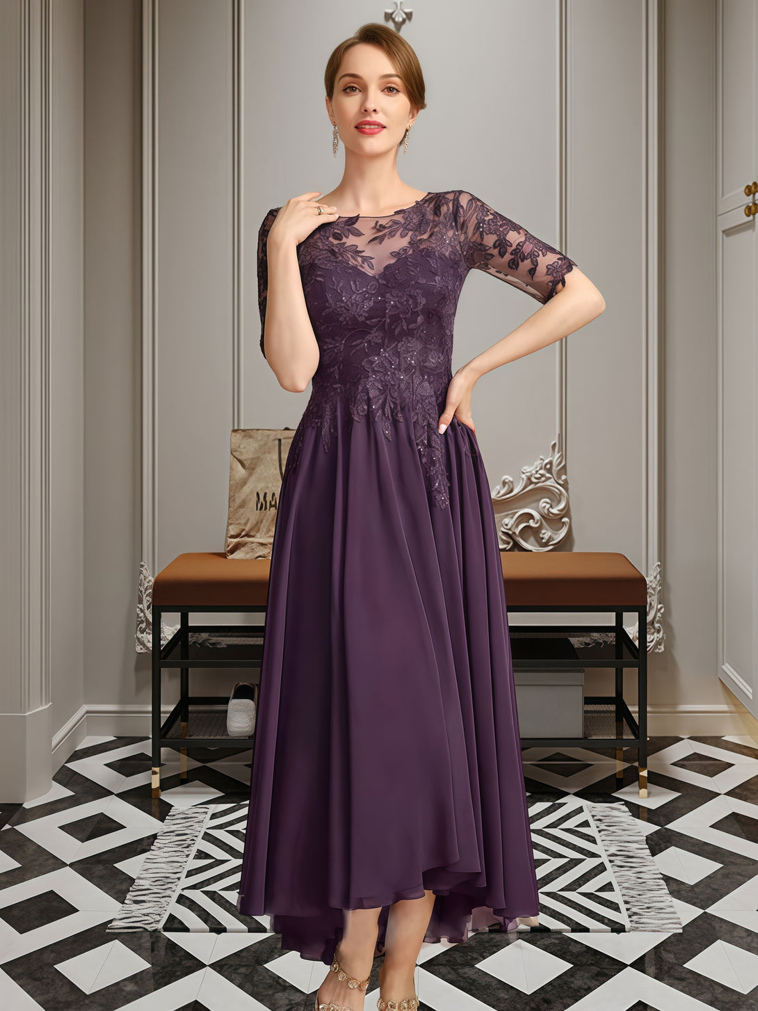 Scoop Neck A-Line Half Sleeve Ankel-Length Lace/Chiffon Mother of the Bride Dress With Appliques/Sequins BabaMila