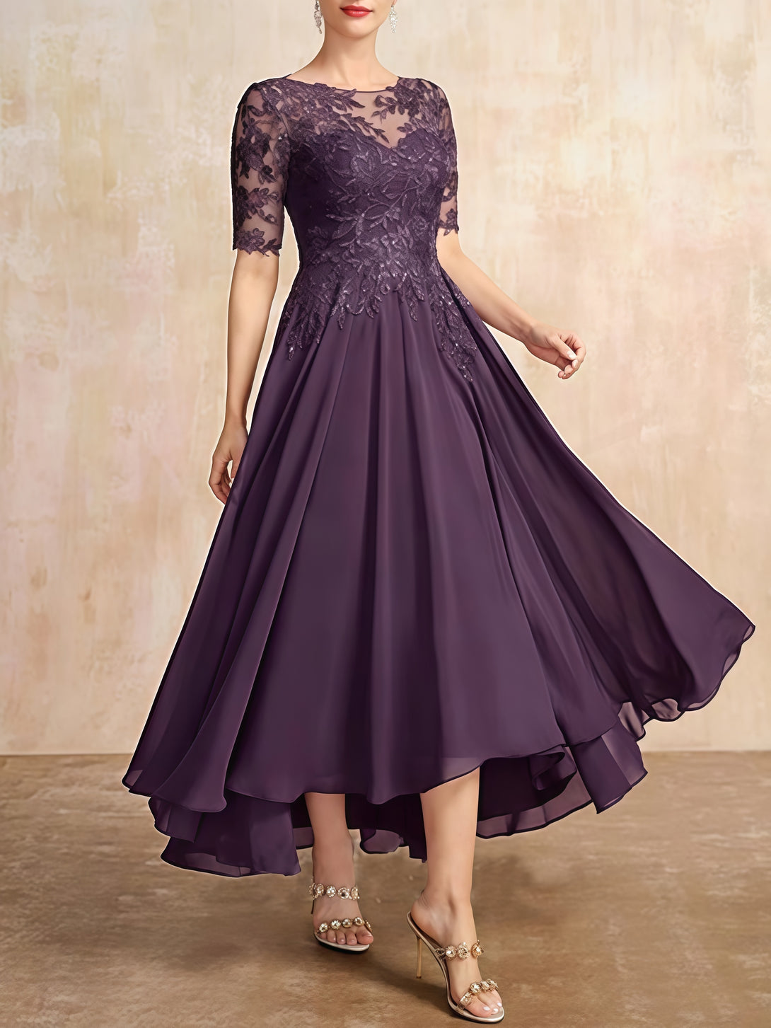 Scoop Neck A-Line Half Sleeve Ankel-Length Lace/Chiffon Mother of the Bride Dress With Appliques/Sequins BabaMila