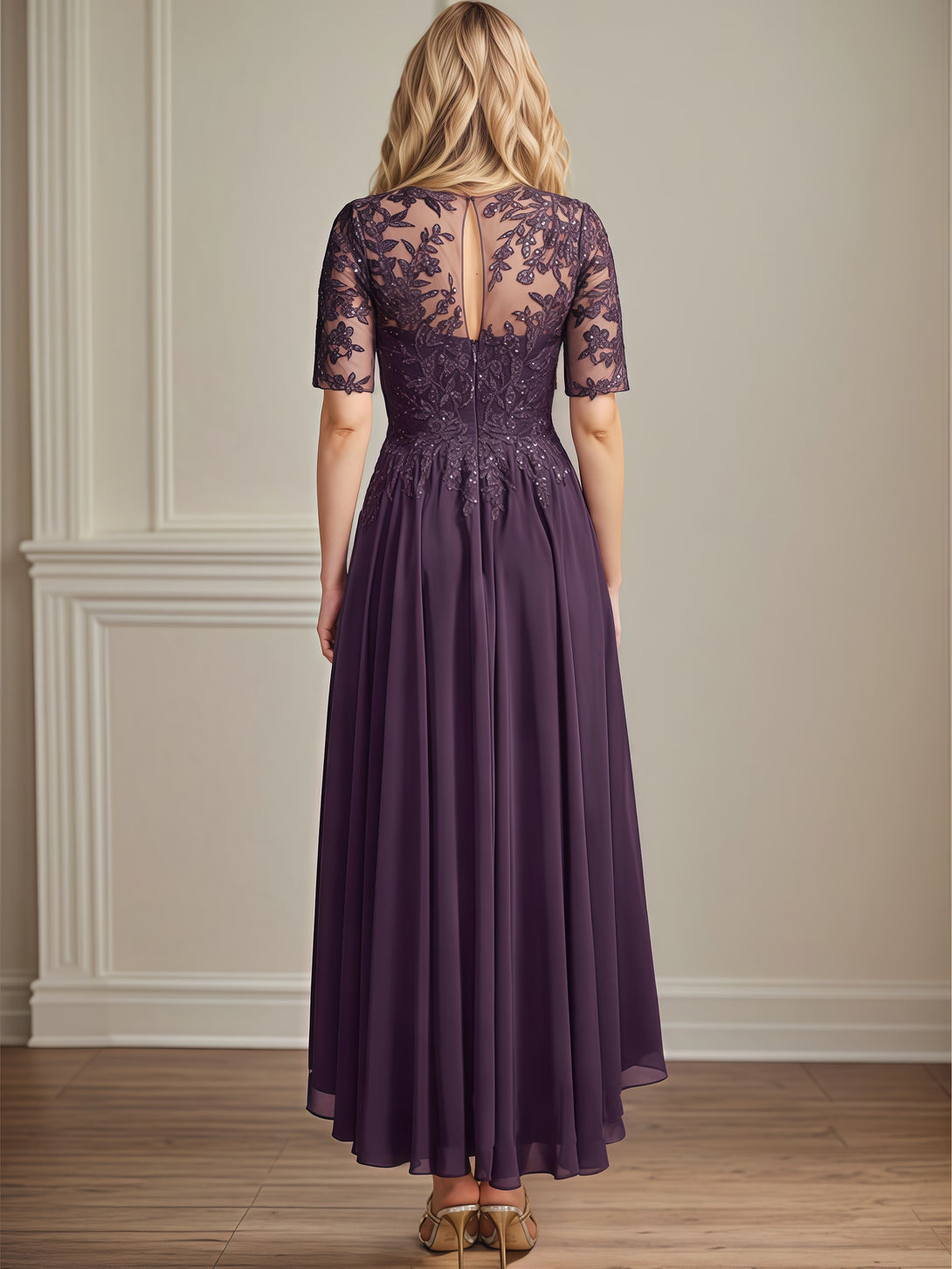 Scoop Neck A-Line Half Sleeve Ankel-Length Lace/Chiffon Mother of the Bride Dress With Appliques/Sequins BabaMila