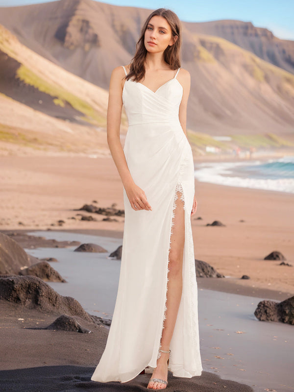 A-Line/Princess Spaghetti Straps V-Neck Sleeveless Wedding Dresses with Ruffles & Split Side BabaMila