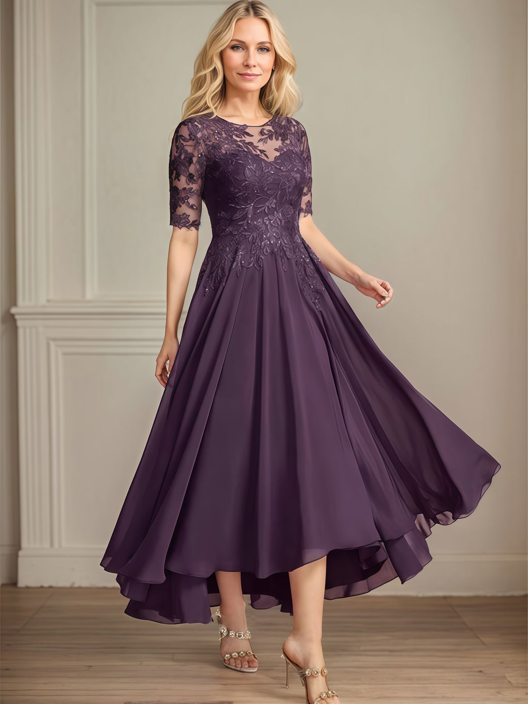 Scoop Neck A-Line Half Sleeve Ankel-Length Lace/Chiffon Mother of the Bride Dress With Appliques/Sequins BabaMila