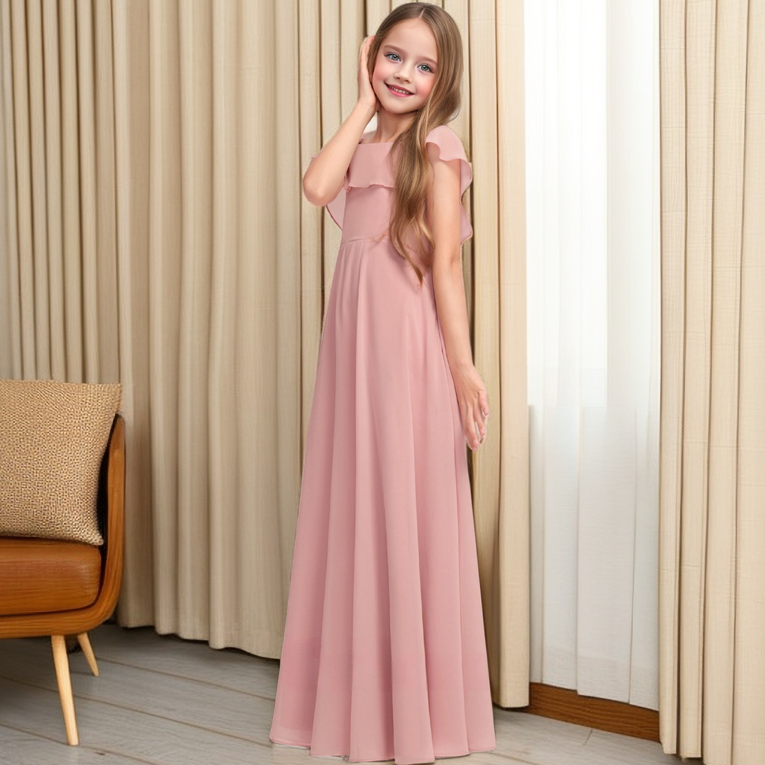 A-line Scoop Floor-Length Chiffon Junior Bridesmaid Dress With Cascading Ruffles Girls Gidiondress