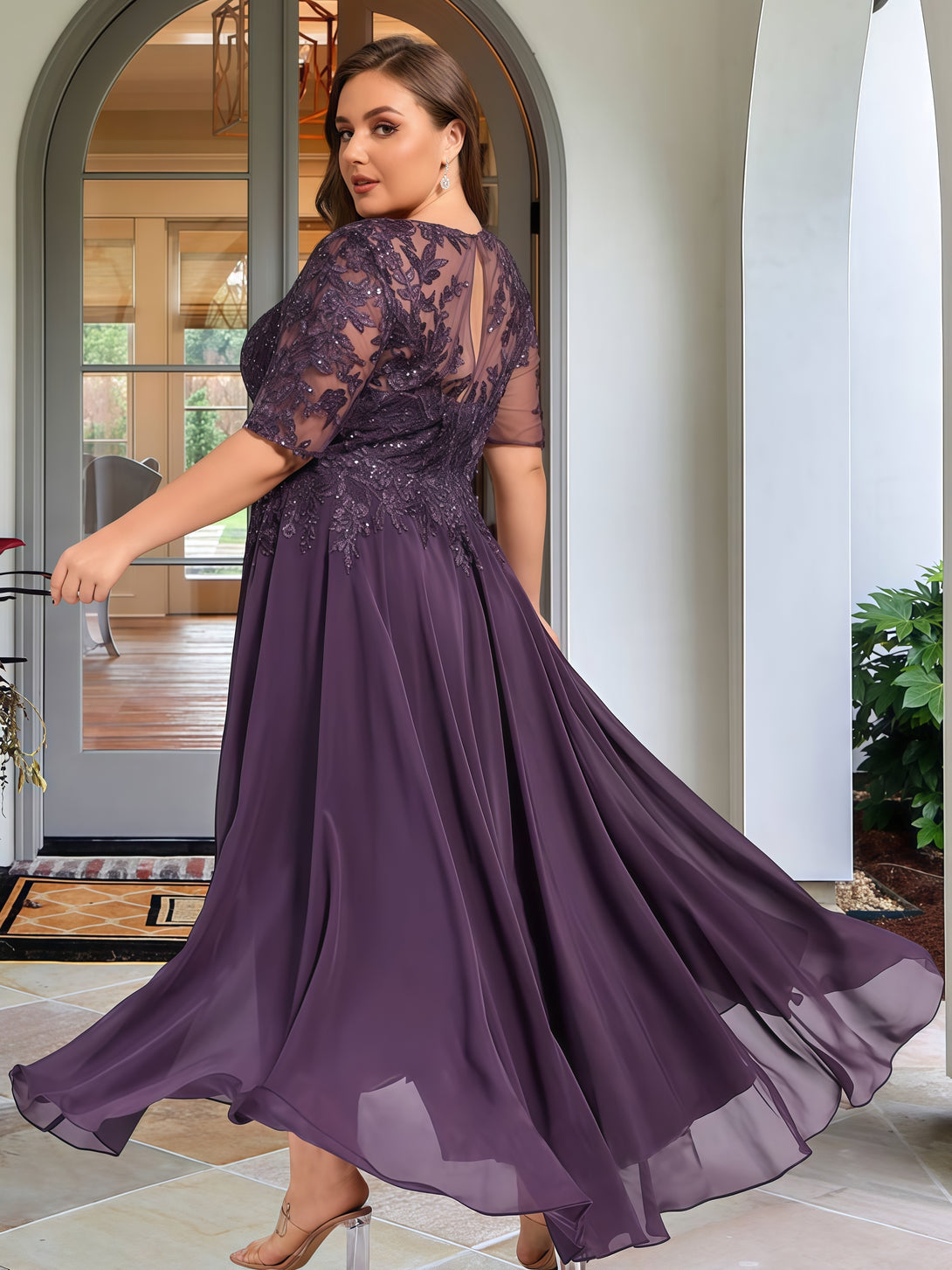 Scoop Neck A-Line Half Sleeve Ankel-Length Lace/Chiffon Mother of the Bride Dress With Appliques/Sequins BabaMila