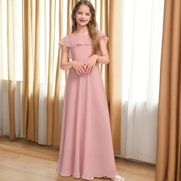 A-line Scoop Floor-Length Chiffon Junior Bridesmaid Dress With Cascading Ruffles Girls Gidiondress as picture 12M