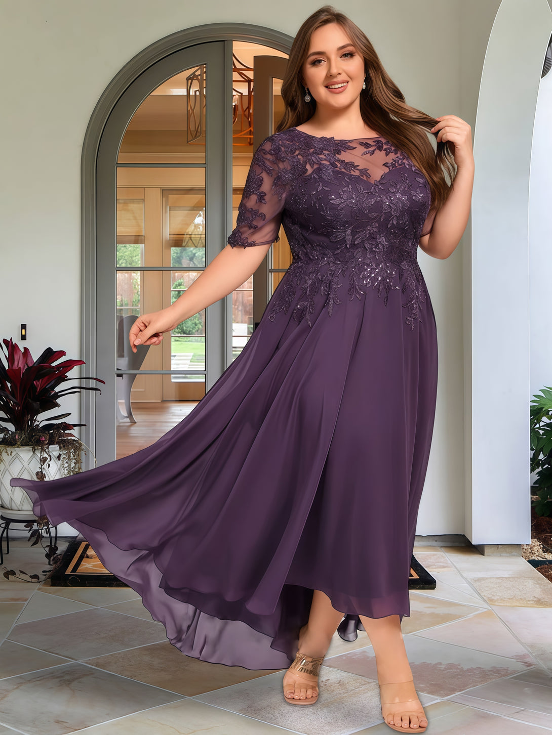 Scoop Neck A-Line Half Sleeve Ankel-Length Lace/Chiffon Mother of the Bride Dress With Appliques/Sequins BabaMila