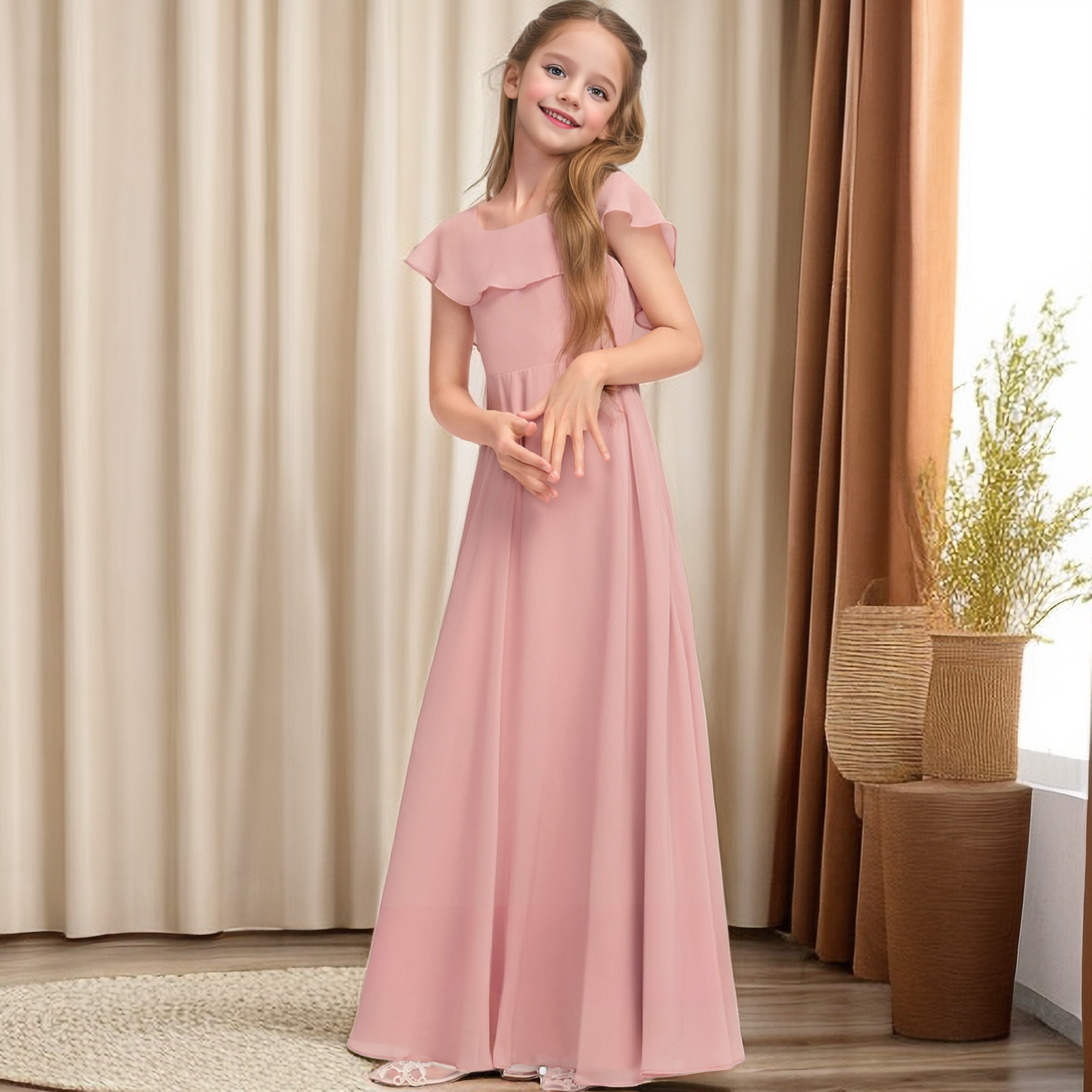 A-line Scoop Floor-Length Chiffon Junior Bridesmaid Dress With Cascading Ruffles Girls Gidiondress