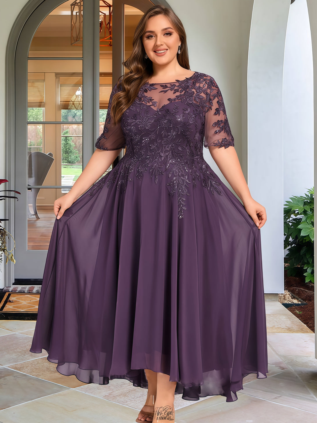 Scoop Neck A-Line Half Sleeve Ankel-Length Lace/Chiffon Mother of the Bride Dress With Appliques/Sequins BabaMila