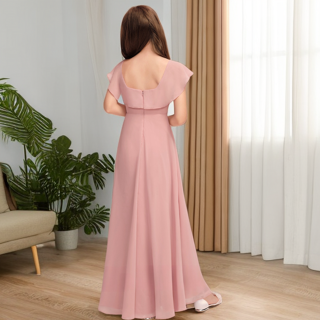 A-line Scoop Floor-Length Chiffon Junior Bridesmaid Dress With Cascading Ruffles Girls Gidiondress