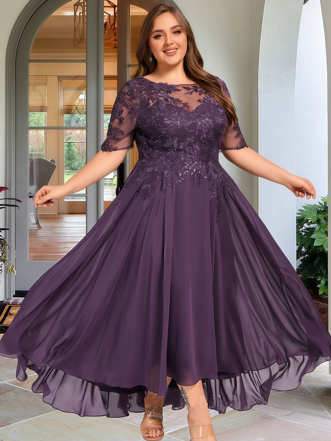 Scoop Neck A-Line Half Sleeve Ankel-Length Lace/Chiffon Mother of the Bride Dress With Appliques/Sequins BabaMila
