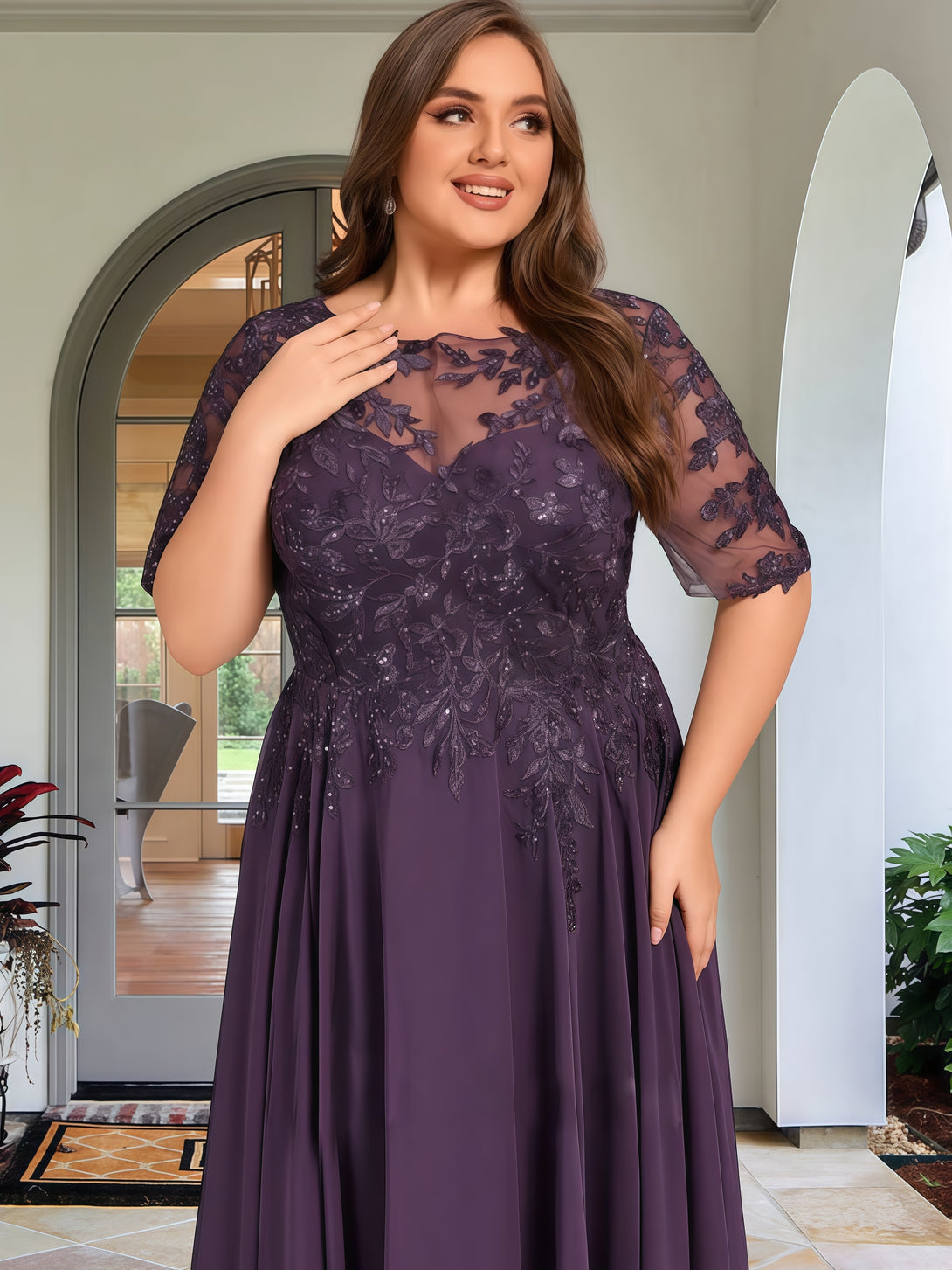 Scoop Neck A-Line Half Sleeve Ankel-Length Lace/Chiffon Mother of the Bride Dress With Appliques/Sequins BabaMila