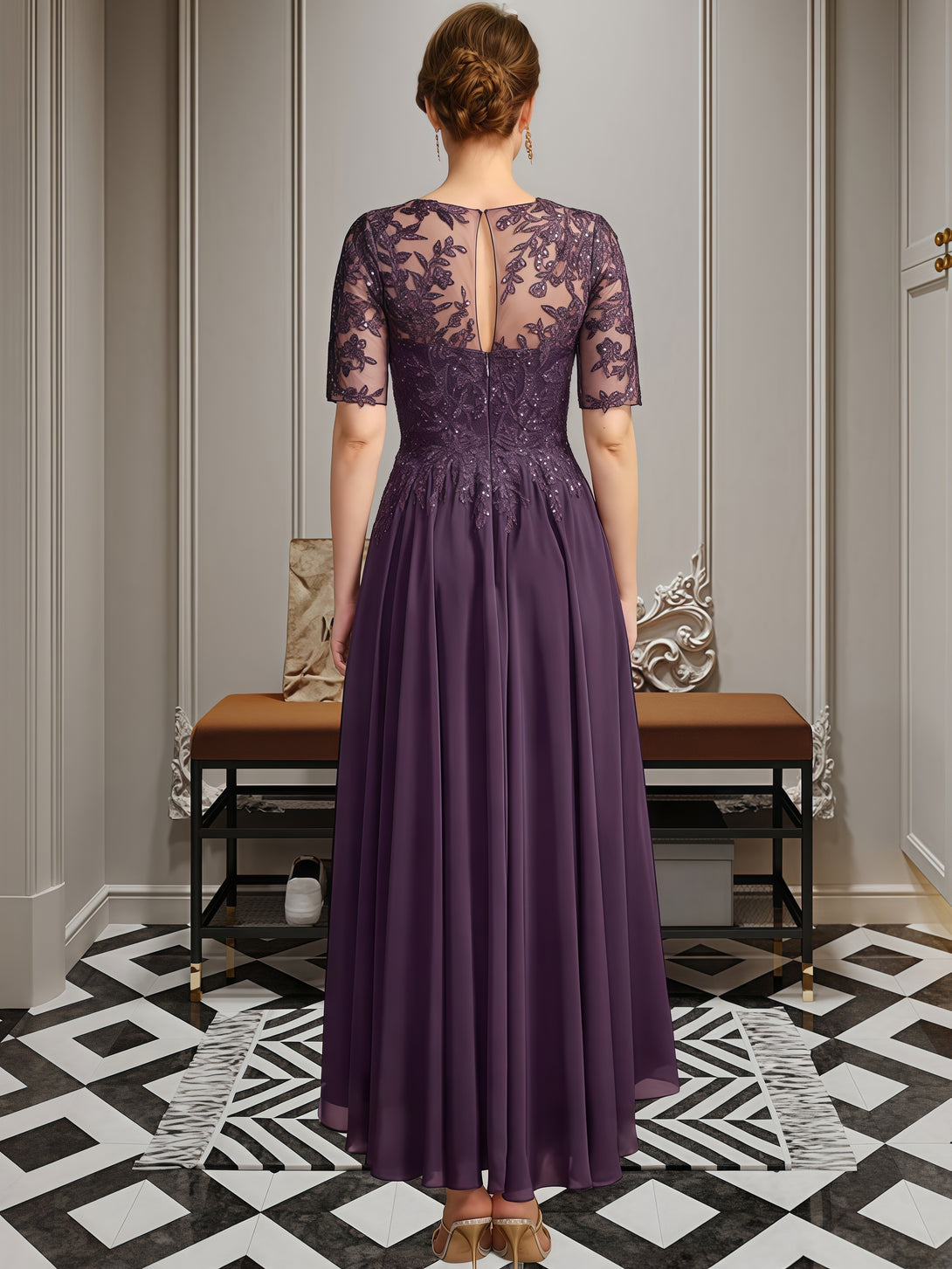 Scoop Neck A-Line Half Sleeve Ankel-Length Lace/Chiffon Mother of the Bride Dress With Appliques/Sequins BabaMila