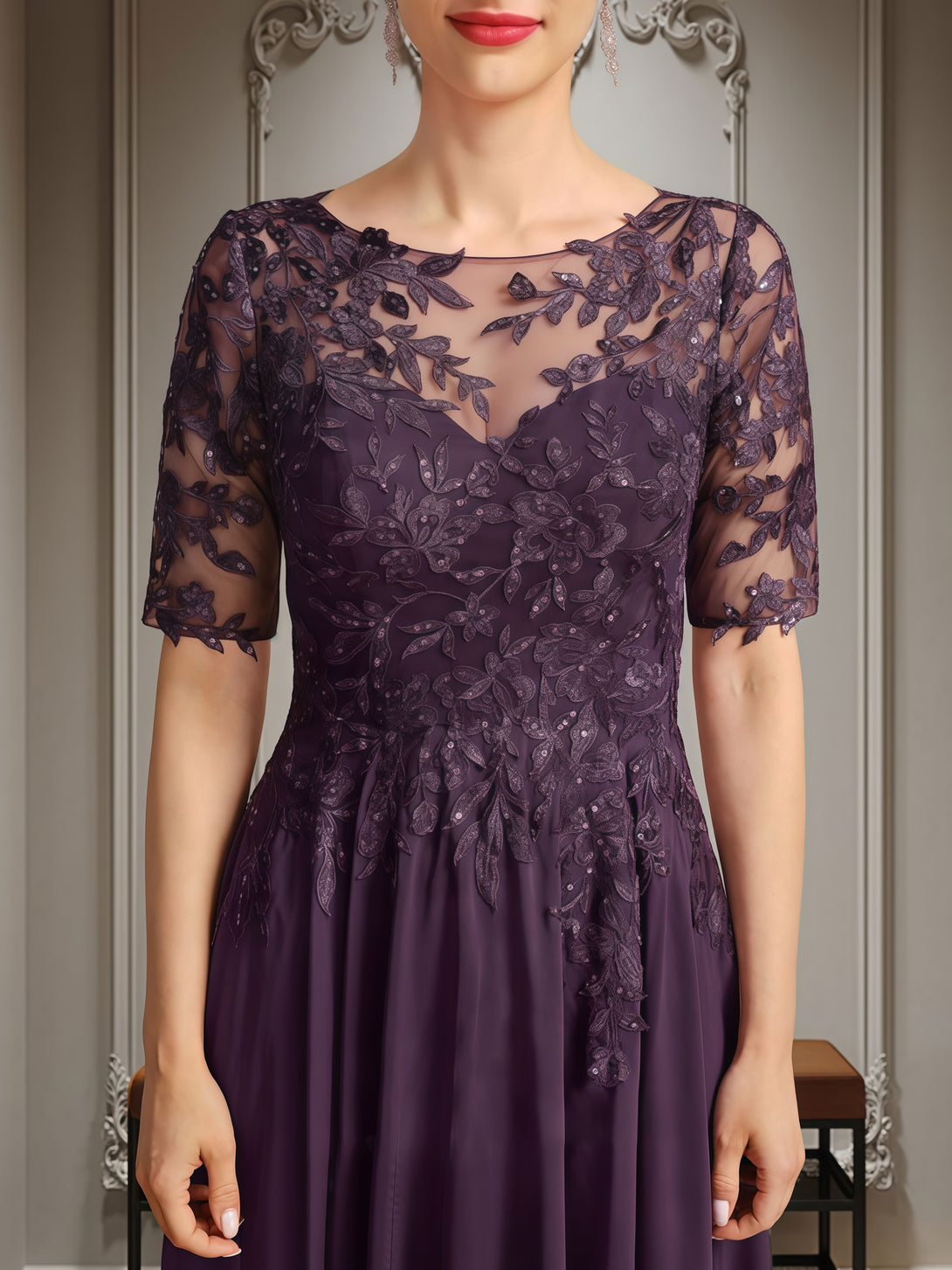 Scoop Neck A-Line Half Sleeve Ankel-Length Lace/Chiffon Mother of the Bride Dress With Appliques/Sequins BabaMila