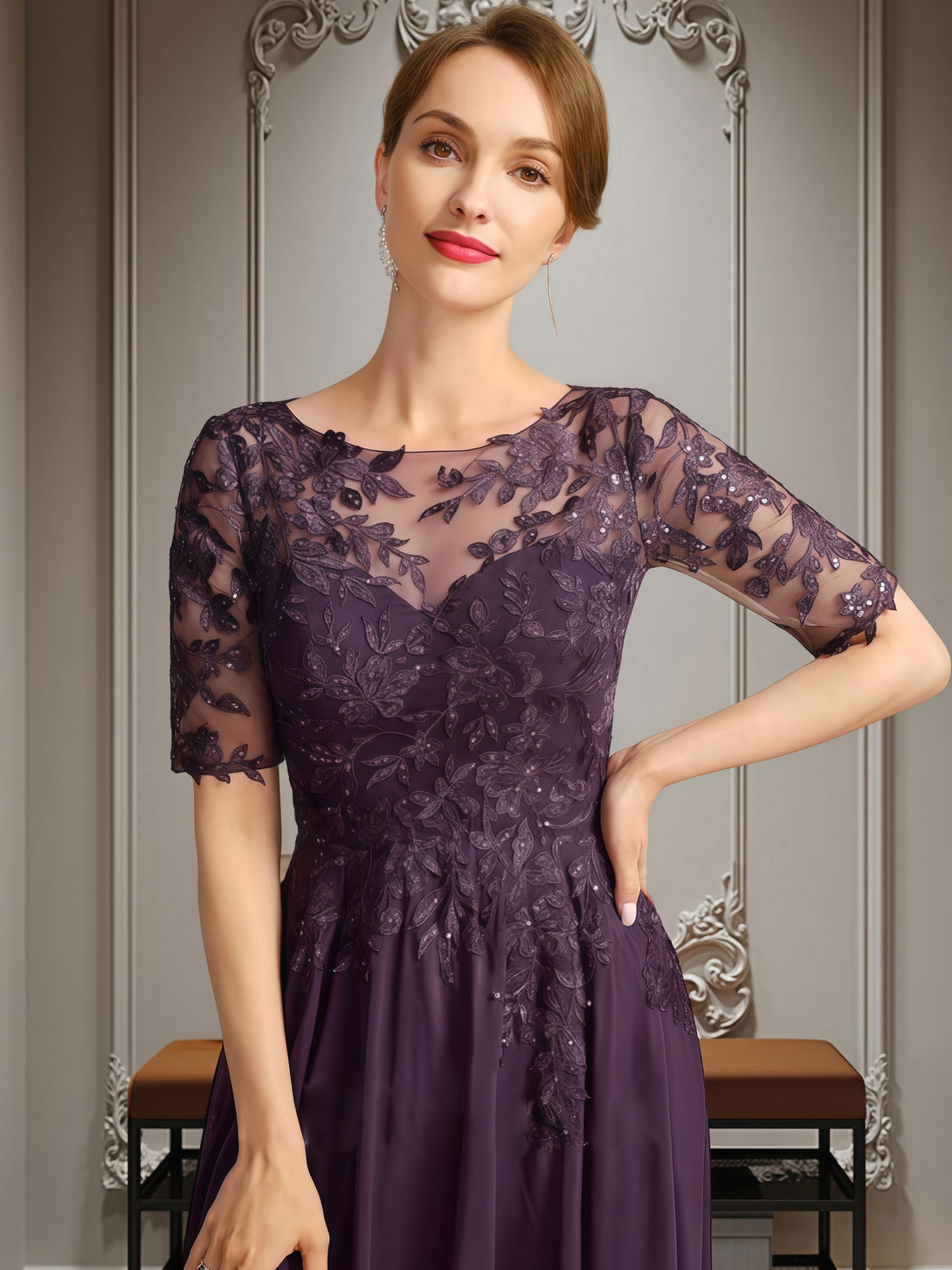 Scoop Neck A-Line Half Sleeve Ankel-Length Lace/Chiffon Mother of the Bride Dress With Appliques/Sequins BabaMila