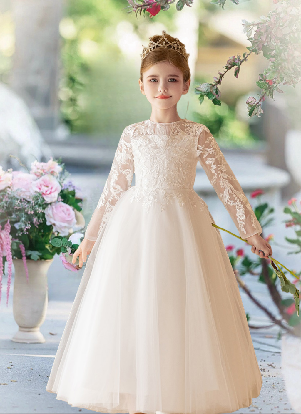 First Communion Dresses Boat Neck Long Sleeve Floor-Length Satin/Lace/Tulle Flower Girl Dresses With Appliques/Bow Girls Gidiondress