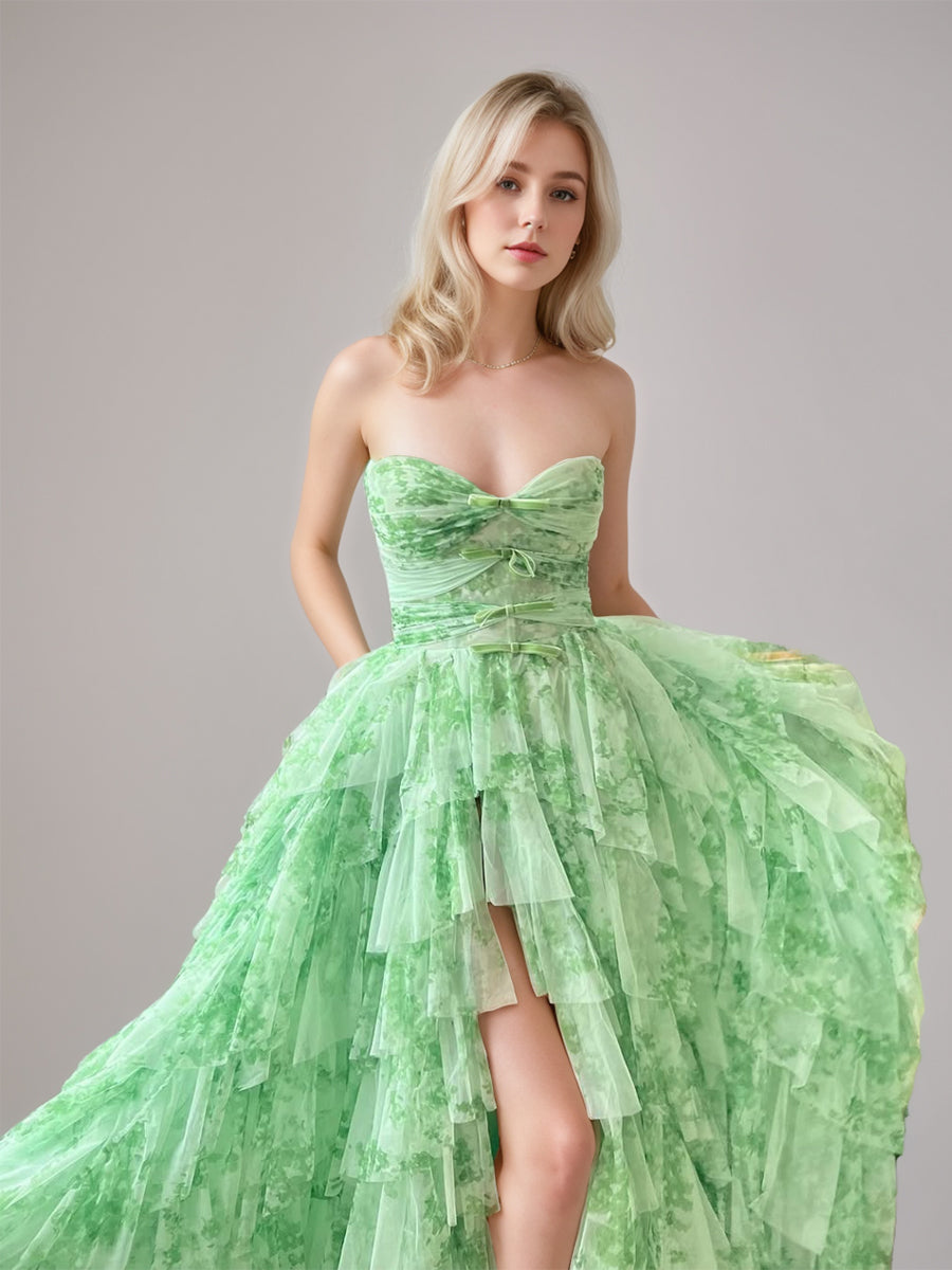 Ball Gown Strapless Sleeveless Printed Floral Prom Dresses With Split Side & Bowknot & Ruffles BabaMila
