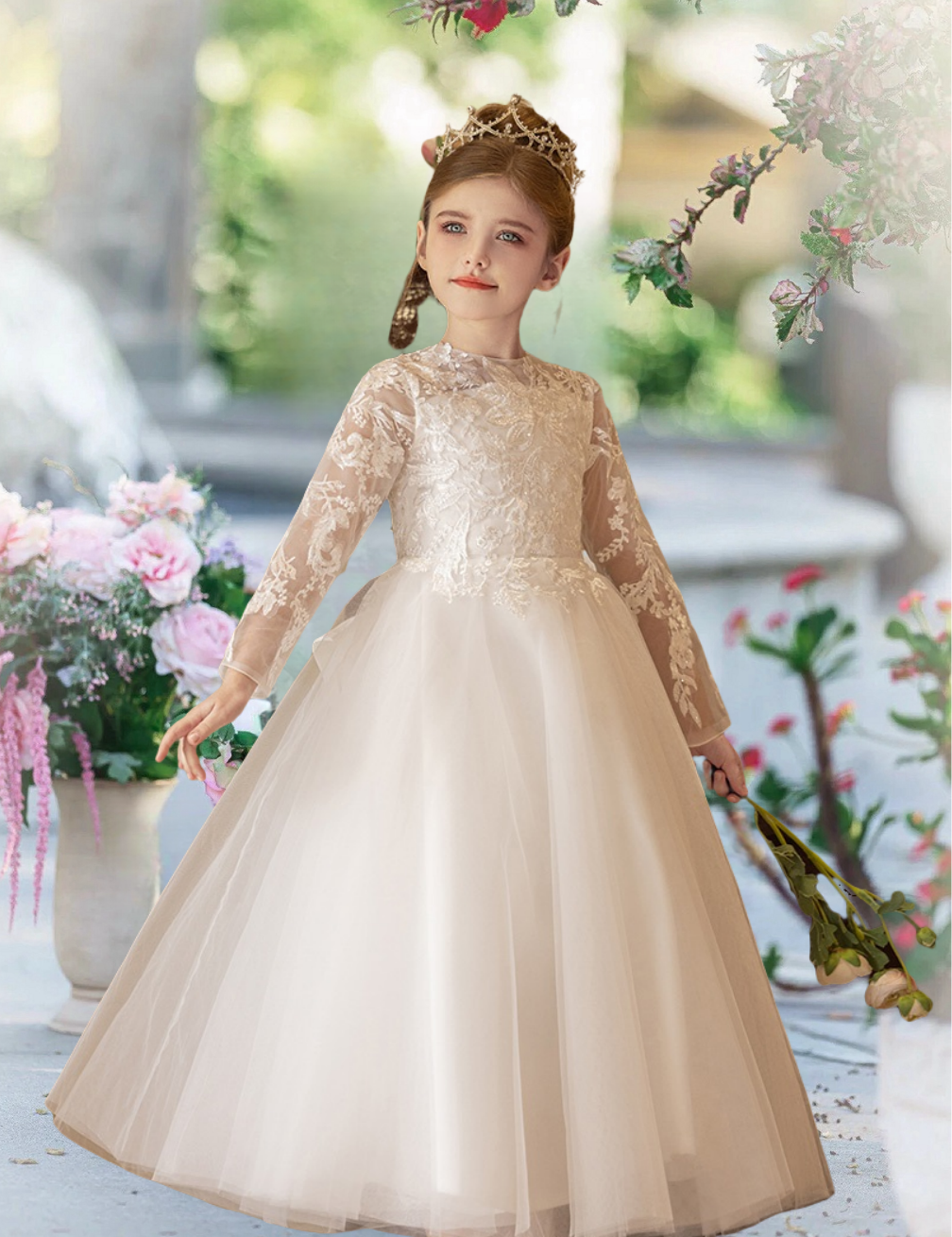First Communion Dresses Boat Neck Long Sleeve Floor-Length Satin/Lace/Tulle Flower Girl Dresses With Appliques/Bow Girls Gidiondress