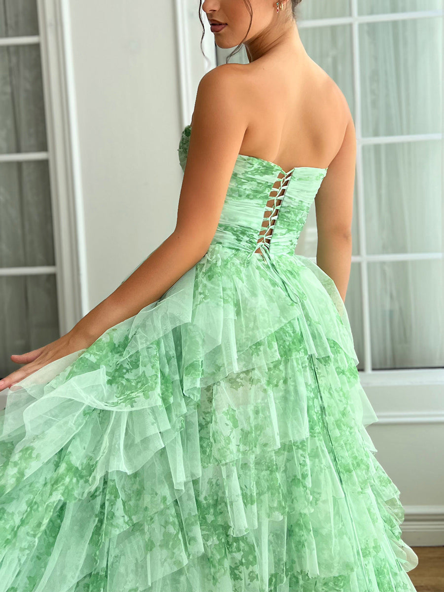 Ball Gown Strapless Sleeveless Printed Floral Prom Dresses With Split Side & Bowknot & Ruffles BabaMila