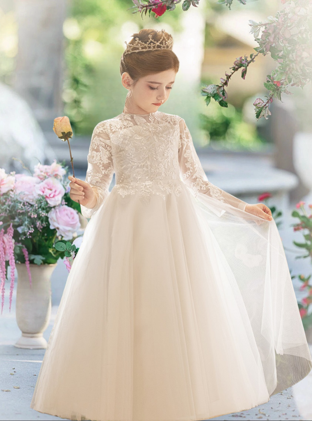 First Communion Dresses Boat Neck Long Sleeve Floor-Length Satin/Lace/Tulle Flower Girl Dresses With Appliques/Bow Girls Gidiondress