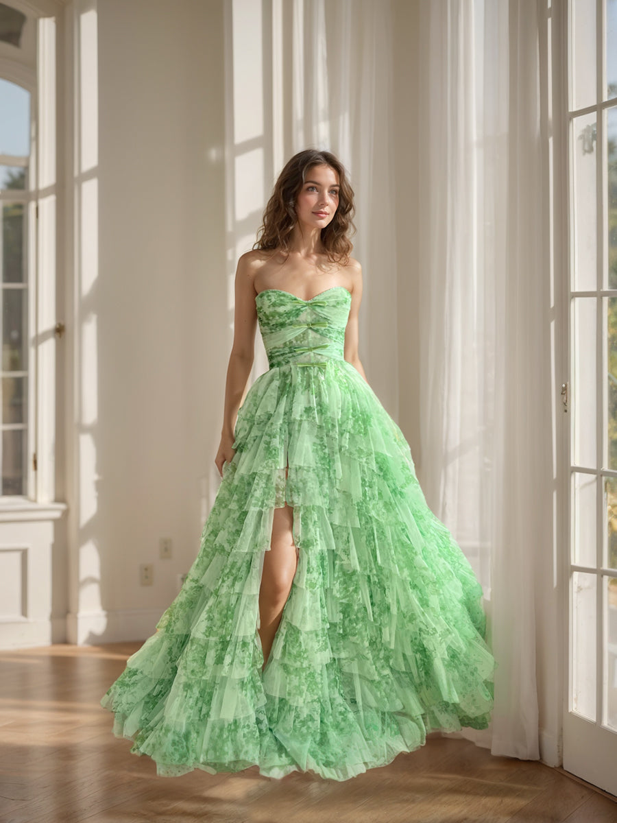 Ball Gown Strapless Sleeveless Printed Floral Prom Dresses With Split Side & Bowknot & Ruffles BabaMila