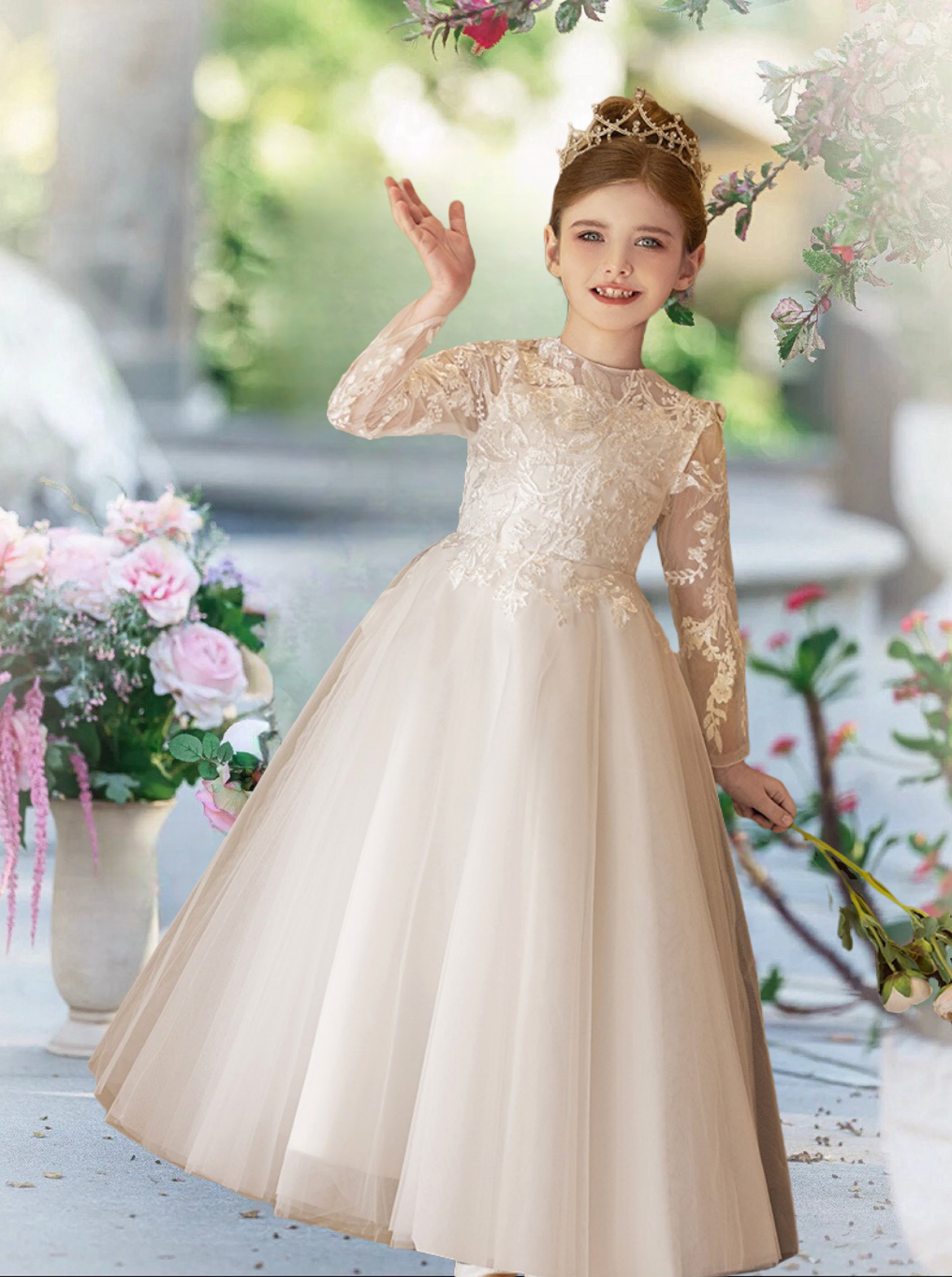 First Communion Dresses Boat Neck Long Sleeve Floor-Length Satin/Lace/Tulle Flower Girl Dresses With Appliques/Bow Girls Gidiondress