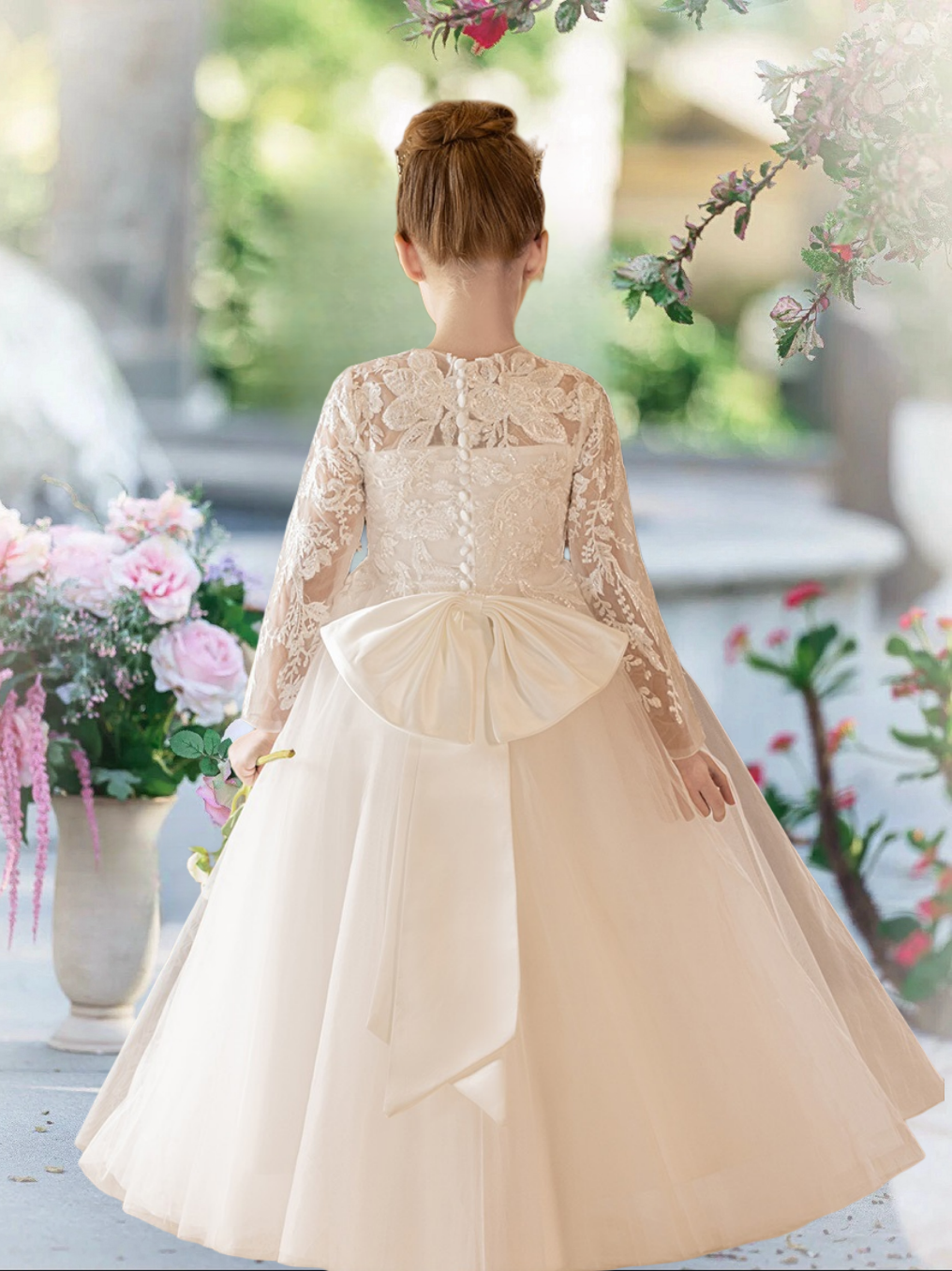 First Communion Dresses Boat Neck Long Sleeve Floor-Length Satin/Lace/Tulle Flower Girl Dresses With Appliques/Bow Girls Gidiondress