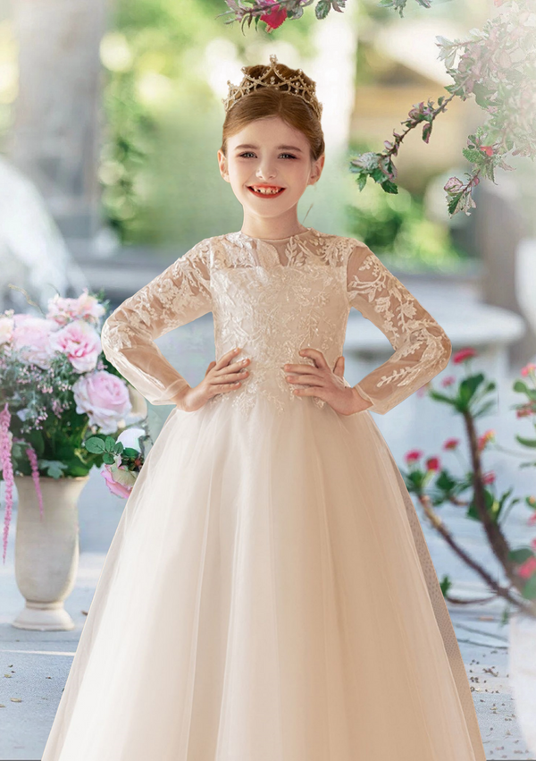 First Communion Dresses Boat Neck Long Sleeve Floor-Length Satin/Lace/Tulle Flower Girl Dresses With Appliques/Bow Girls Gidiondress