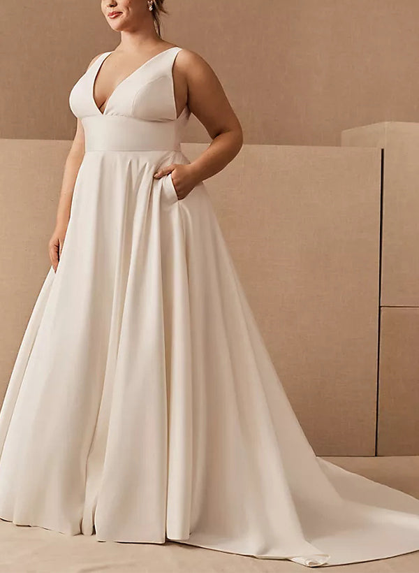 A-Line/Princess V-Neck Plus Size Wedding Dress with Pockets BabaMila