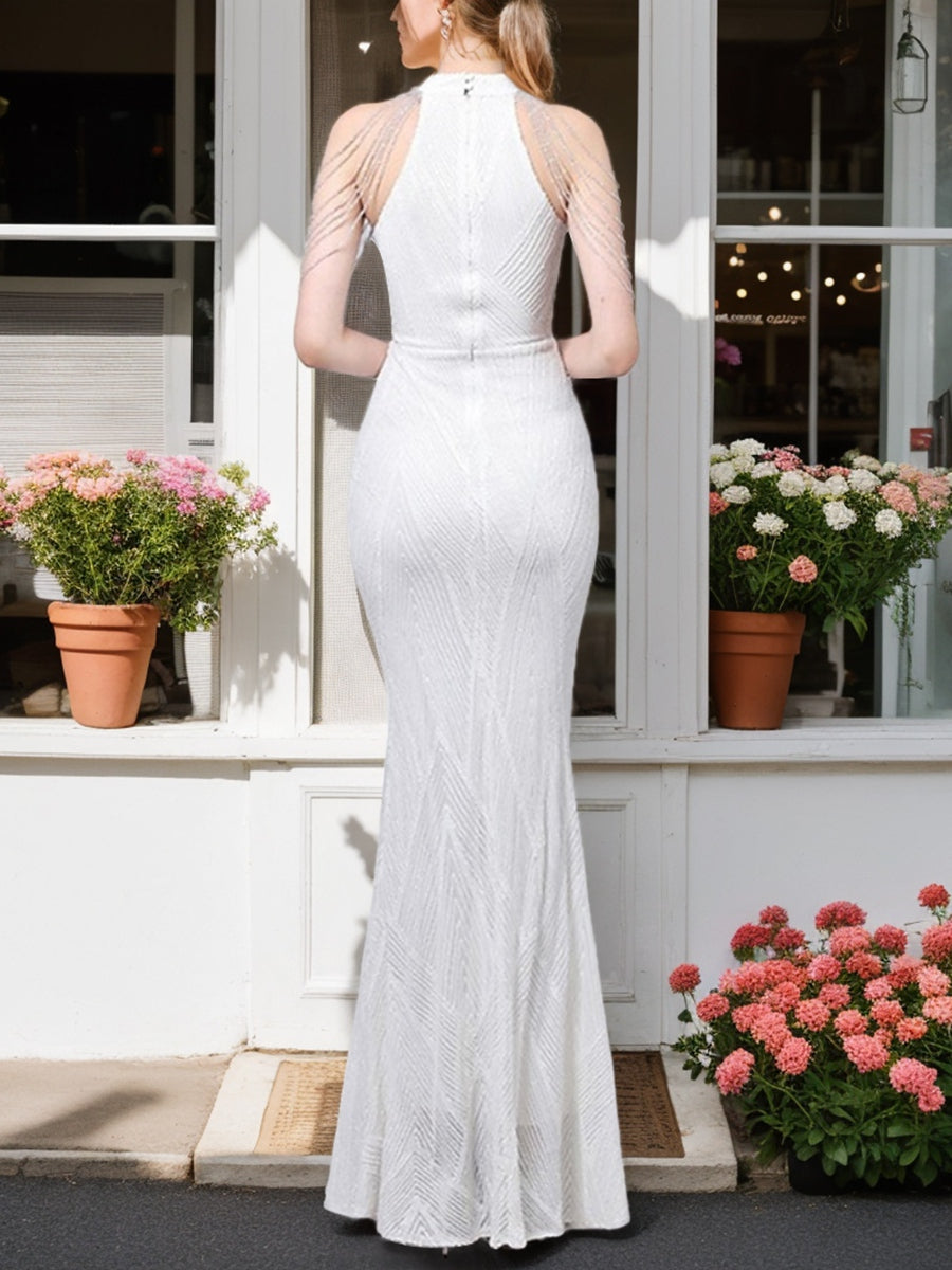 Trumpet/Mermaid Halter Floor-Length Sequined Elegant Evening Dresses with Tassels Beadings BabaMila