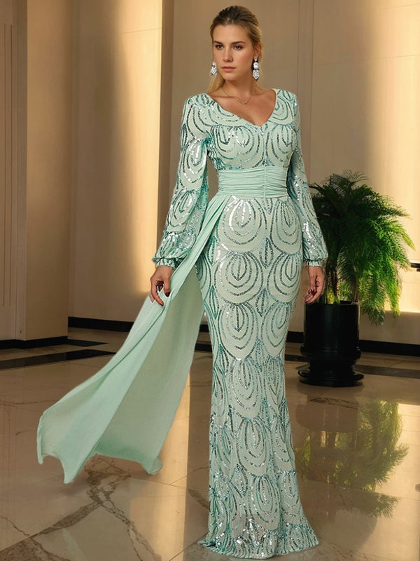 Sheath/Column V-Neck Floor-Length Pleated Evening Dresses with Sequins/Ruffles BabaMila