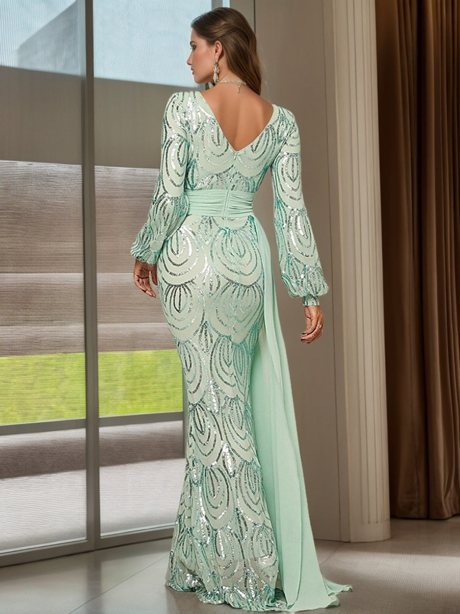 Sheath/Column V-Neck Floor-Length Pleated Evening Dresses with Sequins/Ruffles BabaMila
