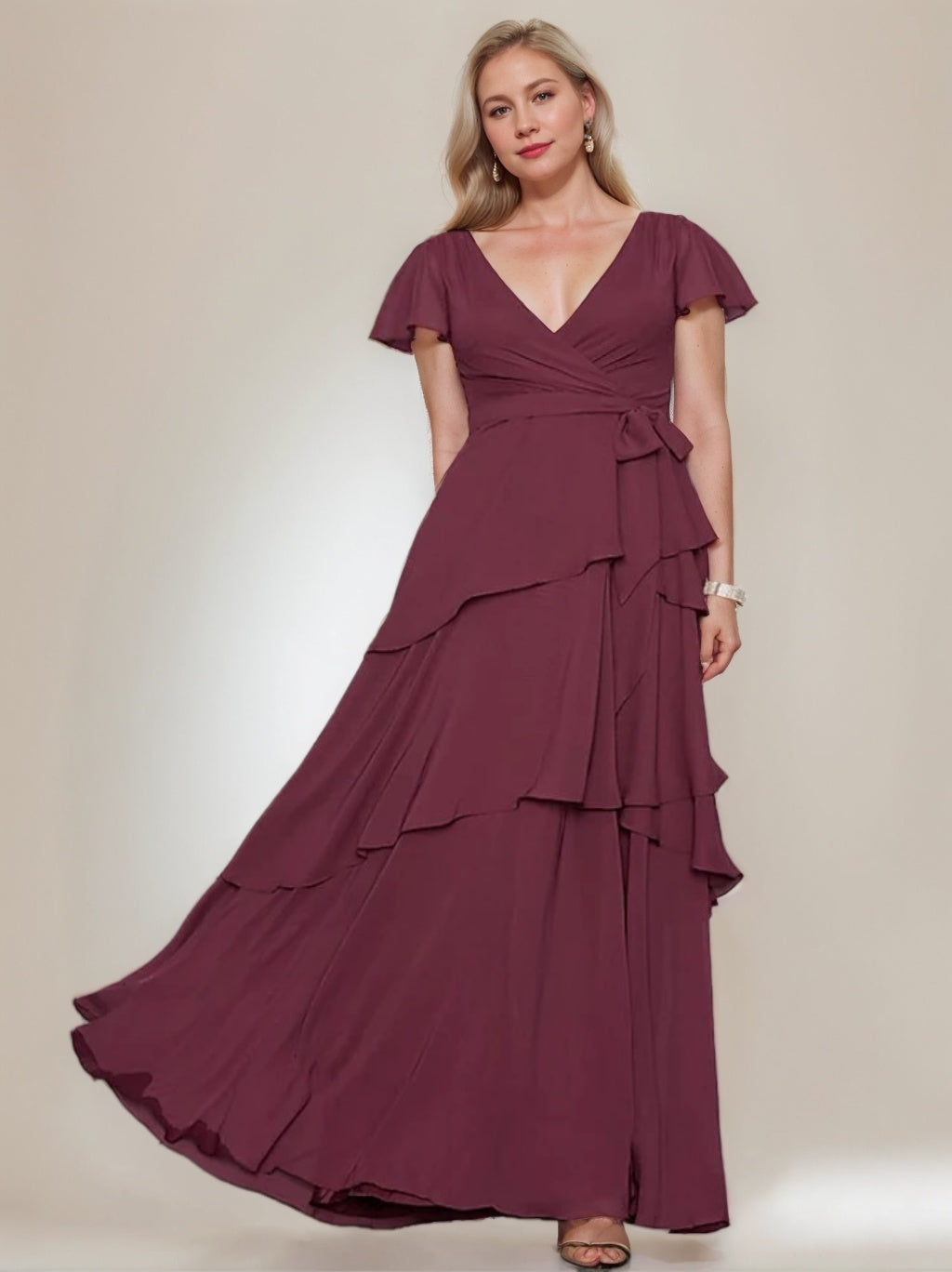 A-Line/Princess V-Neck Short Sleeves Floor-Length Plus Size Mother Of The Bride Dresses With Ruffles BabaMila