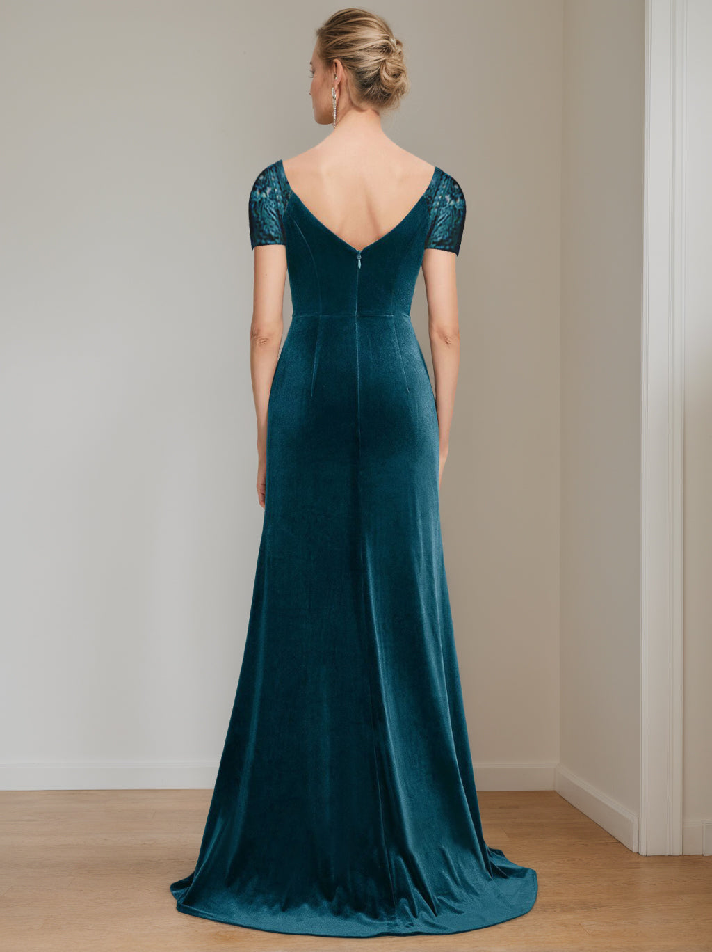 Trumpet/Mermaid V-Neck Short Sleeves Floor-Length Velvet Mother Of The Bride Dresses With Ruffles & Appliques BabaMila