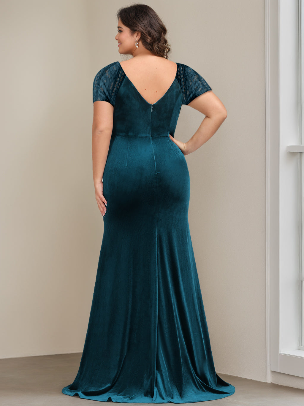 Trumpet/Mermaid V-Neck Short Sleeves Floor-Length Velvet Mother Of The Bride Dresses With Ruffles & Appliques BabaMila